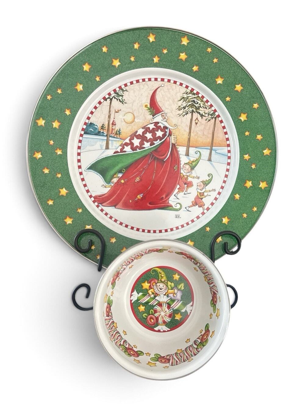 Mary Engelbreit Magic of Christmas Enamelware Serving Plate Bowl Golden Rabbit